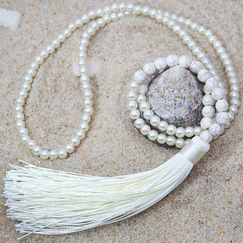 Yumfeel Brand New Long Beaded Tassel Necklace 18 Colors Natural Stone Necklace Women Jewelry Gifts Beach Crystal Quartz - Окраска металла: White re-turquoise