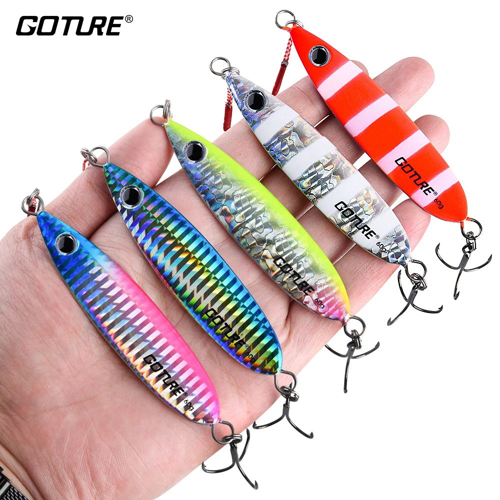 

Goture 40g 60g Metal Spoon Fishing Lure Wobblers Vertical Lead Jigs Artificial Bait with Assist Hook For Sea Bass Lure Fishing