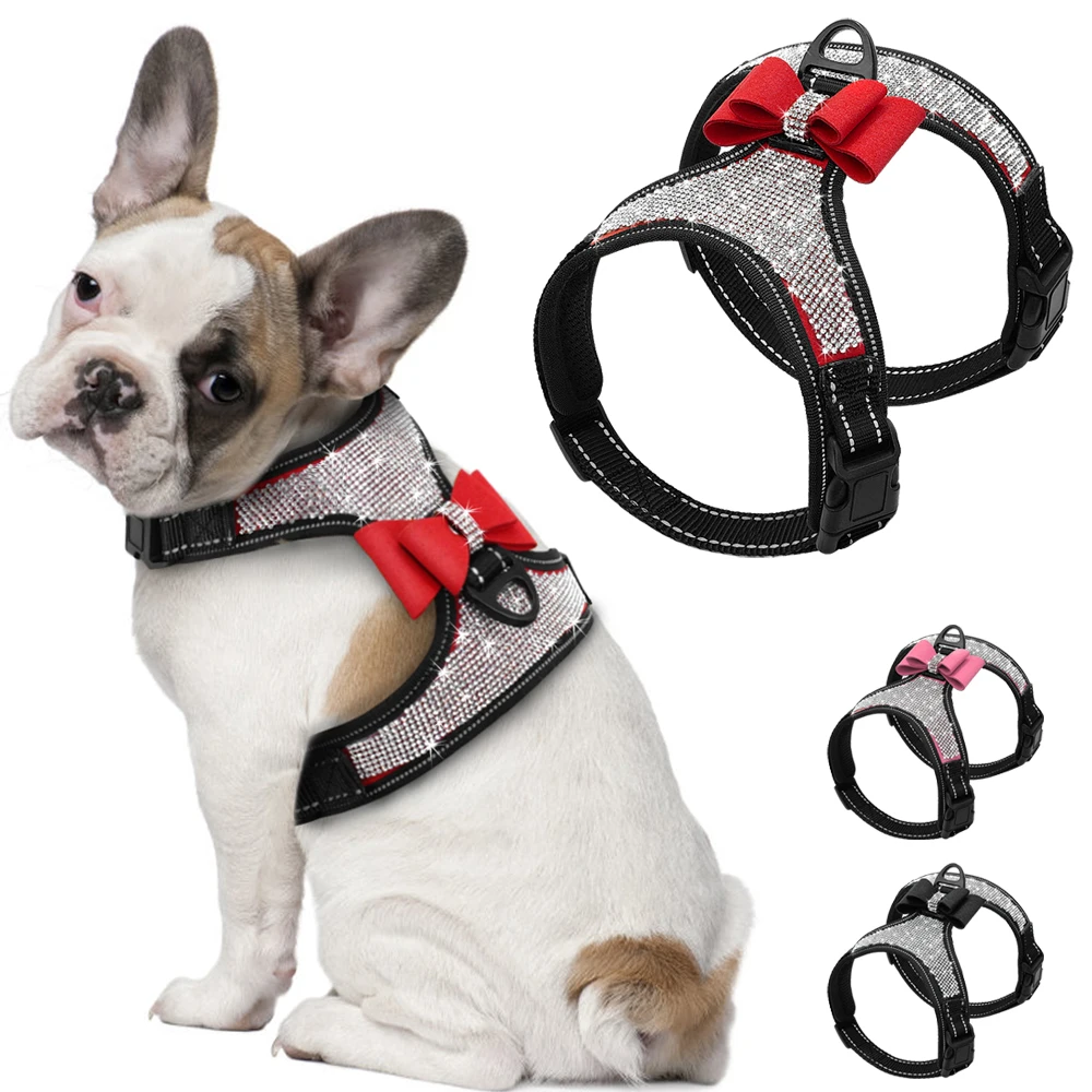 

Rhinestone Harness for Small Dogs Reflective Dog Harness with Cute Bowknot Mesh Puppy Cat Vest Adjustable for French Bulldog
