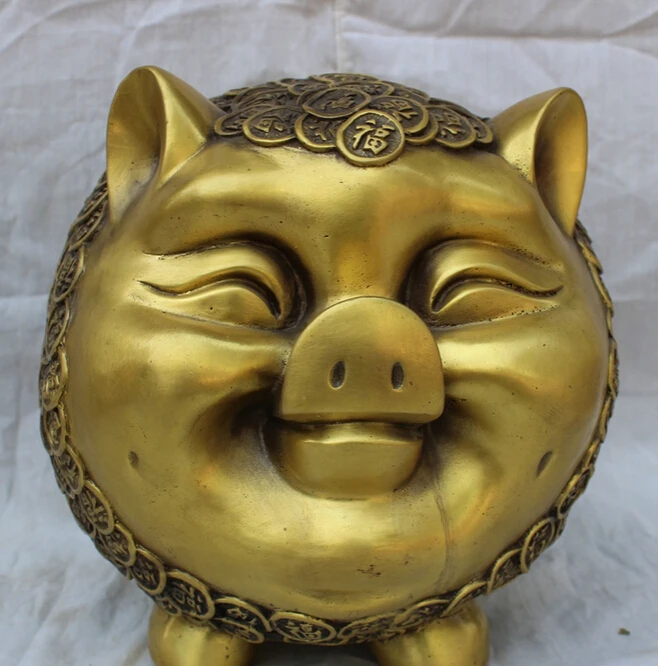 

S5514 10" Folk Chinese Bronze Lucky Wealth Happy Fu Pig Swine Statue Saving Box Pot D0318