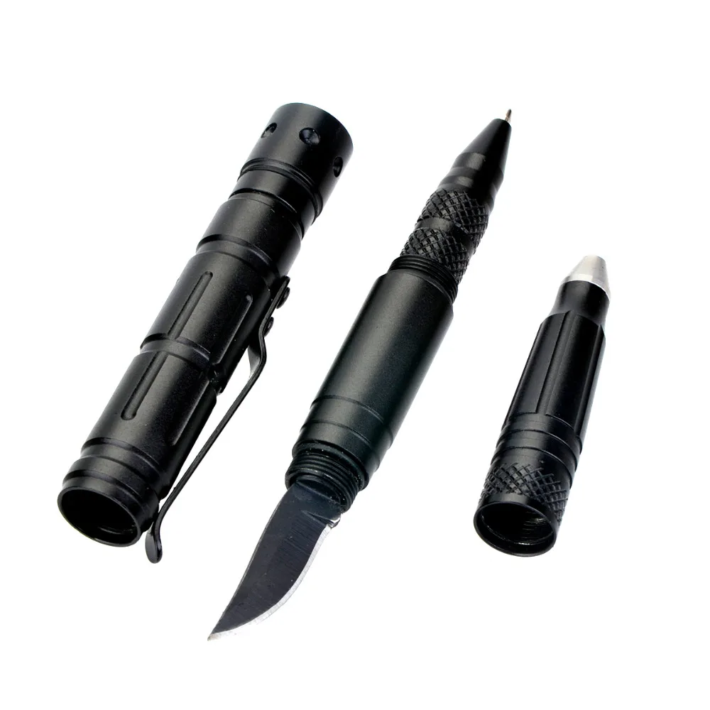 Portable Self Defense Tactical Pen EDC Tool W/ Tungsten Steel Glass Breaker Knife Blade LED
