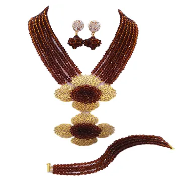 

Fashion Brown Multi Strands Statement Necklace Nigerian Wedding African Beads Jewelry Set Crystal 5-LDH04