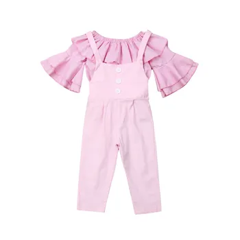 

1-6year Sweet Baby Girls Pink Ruffles Outfits Off The Shoulder T Shirts + Overalls Toddler Kids Wide Leg Pants Princess Clothing