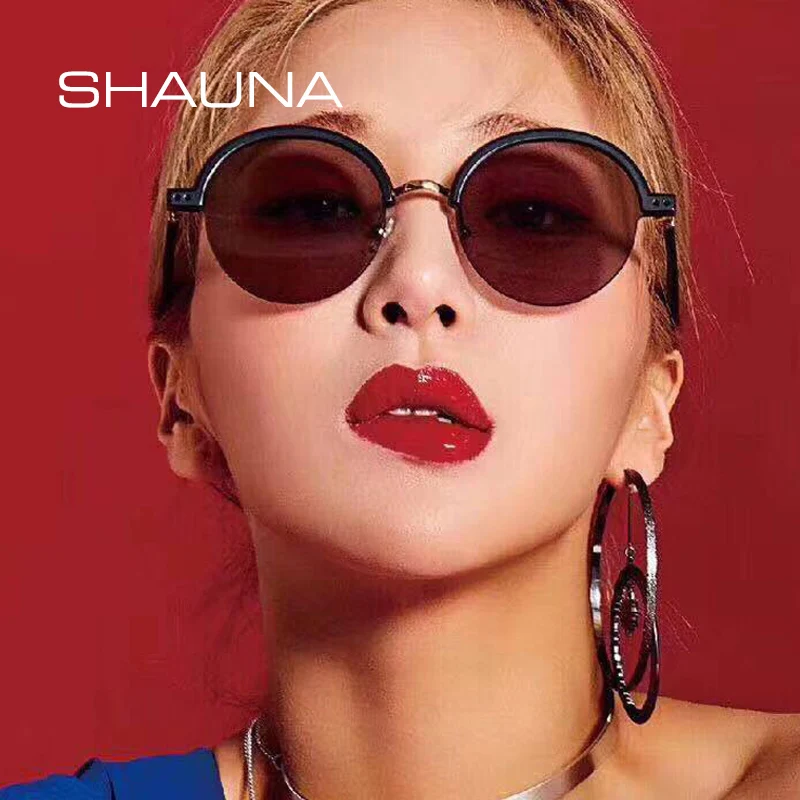 

SHAUNA Fashion Half Frame Round Sunglasses Women Retro Clear Red Yellow Tea Sun Glasses Men
