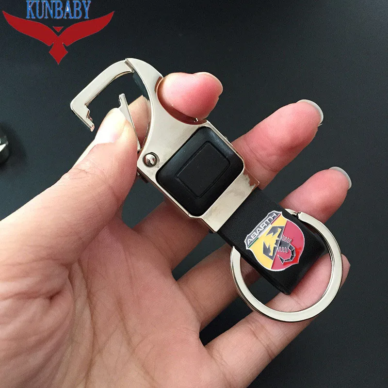 

KUNBABY New Metal Leather Car Key Chain Ring Holder With LED Bottle Opener Multifunctional Tool For ABARTH Car Styling