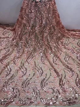 

New Beads Lace Fabric High Quality Peach Gold African French Tulle Lace Fabric Embroidery For Sequins Lace Nigeria Party Dress