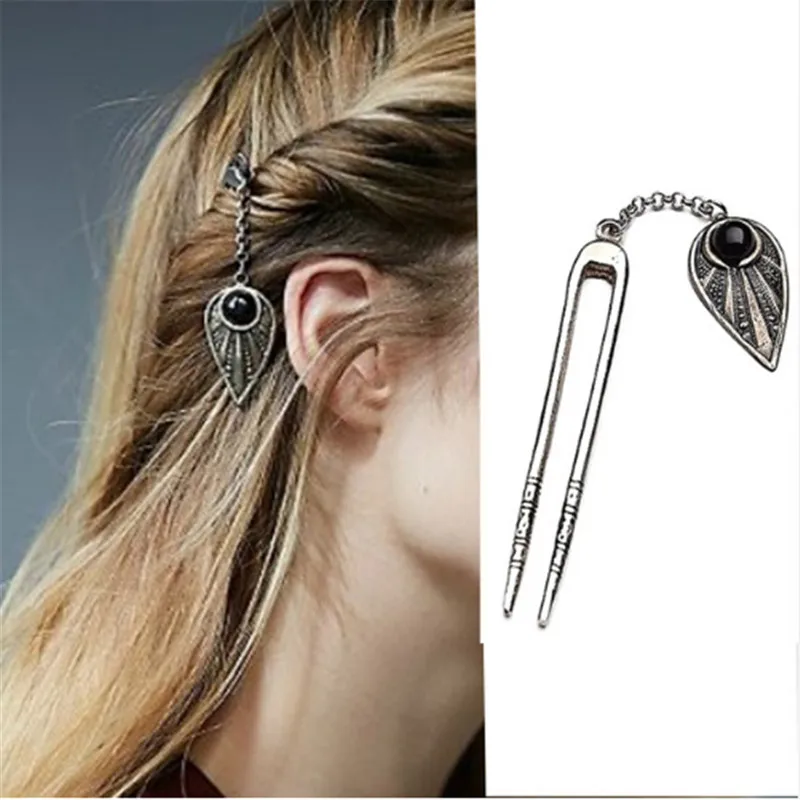 Vintage Leaf Pendant Hair Sticks Silver Plated Hair Forks Headwear U Pin for Women Headdress