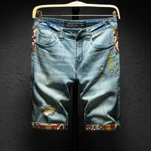 Новые стильные модные мужские летние джинсы из чистого хлопка шорты/мужские высококачественные постельное белье Чистый хлопок с рисунком рваные Повседневные Шорты 28-38