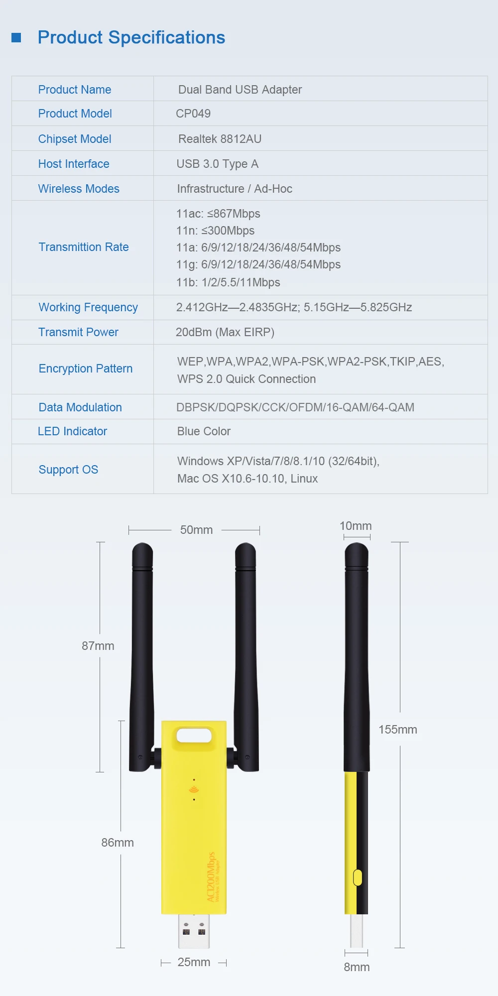 Двухдиапазонный 1200 Мбит/с беспроводной USB 3,0 Realtek RTL8812AU/BU Wifi адаптер 2,4 г/5 ГГц сетевой карты ключ с антеннами для настольного ПК