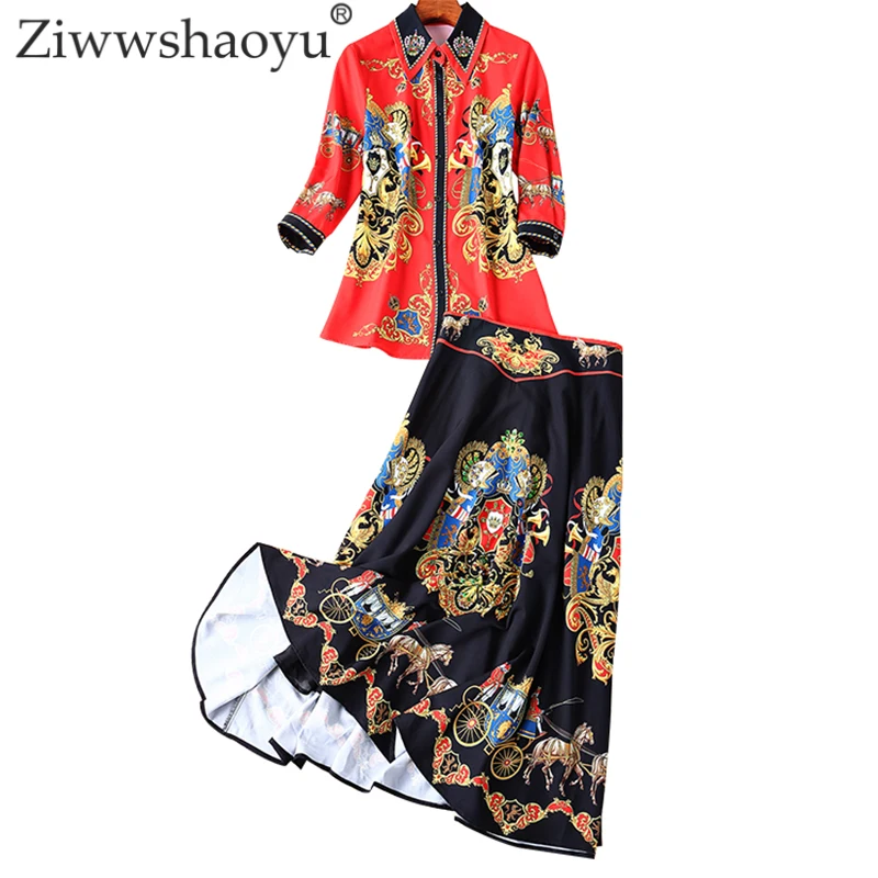 

Ziwwshaoyu Fashion Beading diamond Sets Turn-down Collar shirt+ Big pendulum Skirt Set Spring and summer new women's