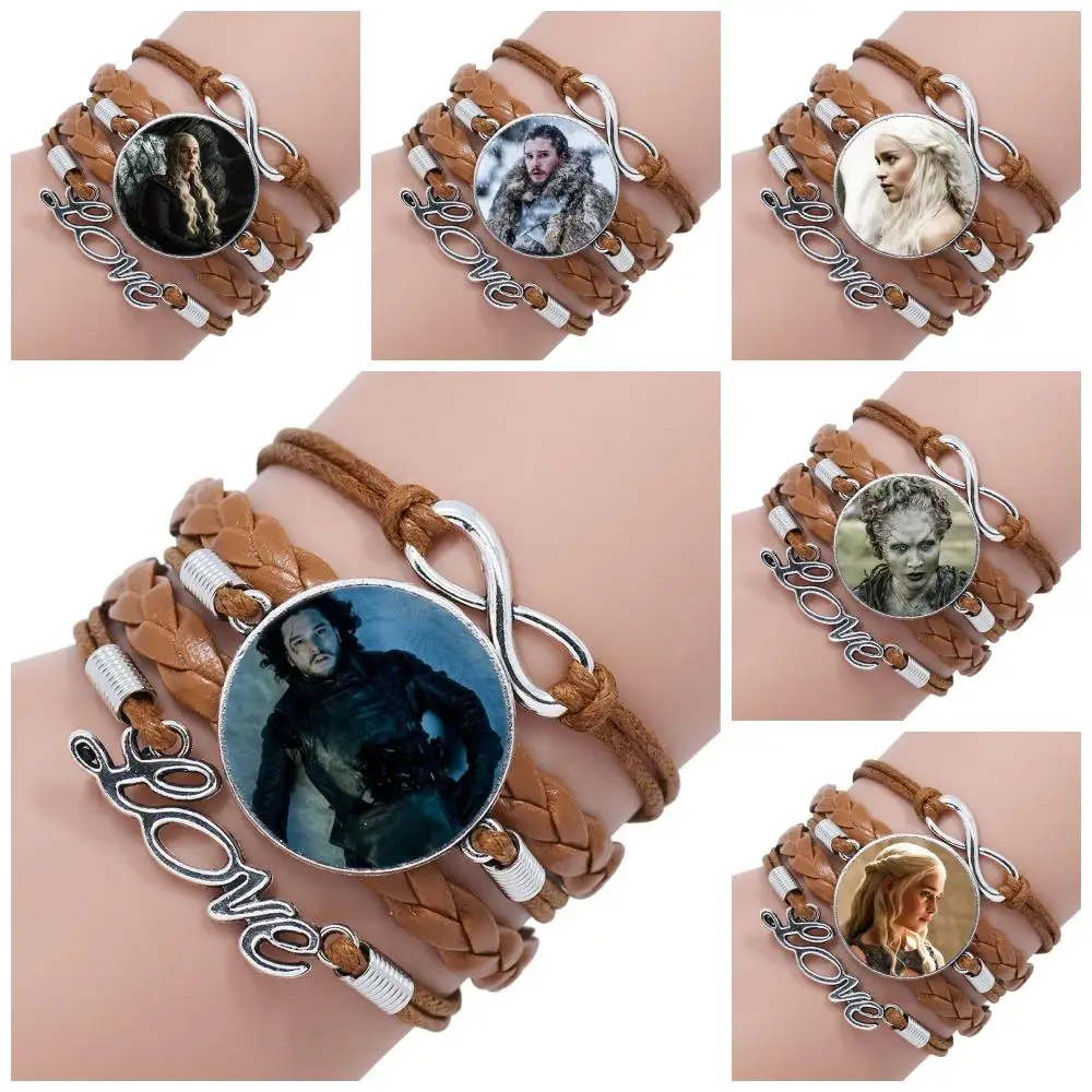 

Game of Thrones 2019 Vintage Glass Cabochon Jewelry With Multilayer Black/Brown Leather Bracelet Bangle For Girls Wholesale