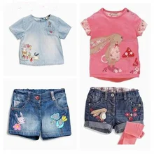 Розничная ; новинка года; Одежда для девочек; летняя футболка с рисунком кролика для девочек+ джинсовые шорты с рисунком птицы и клубники; детская одежда из 2 предметов