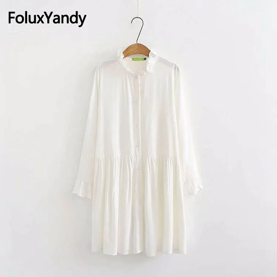 Оборки с круглым вырезом блузка для женщин; Большие размеры 5XL Свободные белая блузка рубашка с длинным рукавом KKFY2486