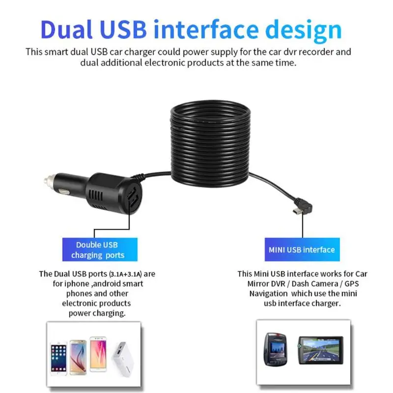 Двойной USB порт 6.2A Быстрая зарядка розетка для автомобильного прикуривателя Зарядное устройство+ мини USB кабель для DVR gps