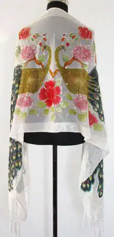 Novelty Hot Pink Female Silk Satin Velvet Cape Embroidery Beaded Pashmina Stole Chinese Style Peacock Muffler 175 x 54cm C020 2