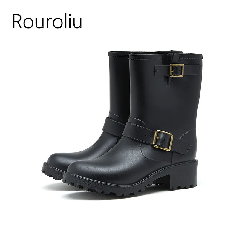 Buy Rouroliu Women Hot British Style Buckle Rain Boots