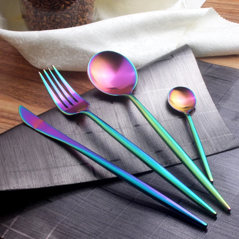 New Arrival Stainless Steel Cutlery Set Rainbow Gold Plated Dinnerware Set 4 Pieces Colorful Creative Dinner