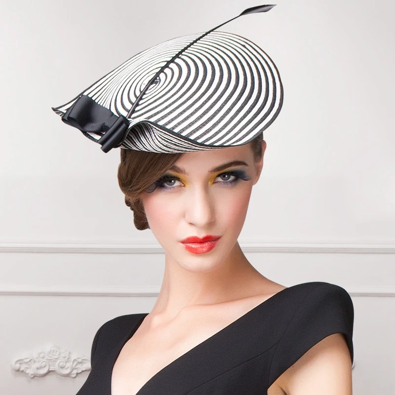 2016 New Women British Fashion Striped Party Elegant Fedoras Ladies Bow