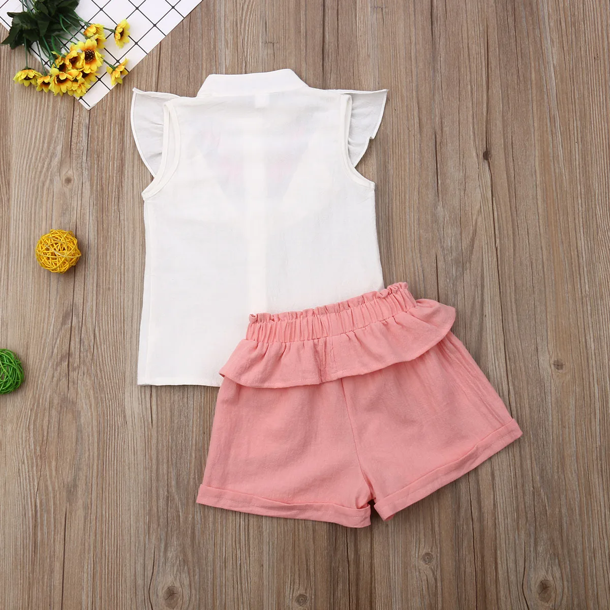 Sweet Kids Baby Girl Clothes Plain 2Pcs Sets Vest+Shorts Child Girl Outfits Flower Embroidery Ruffles Tank Tops Shorts 2-7Y