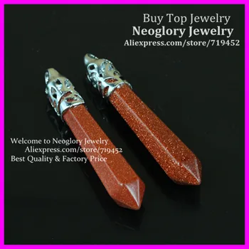 

10PCS Natural Gold Sand Gems Long Wand Point Pendulum Pendant,Hexagon Healing Chakra Reiki Stone Druzy Pendant fit Necklace