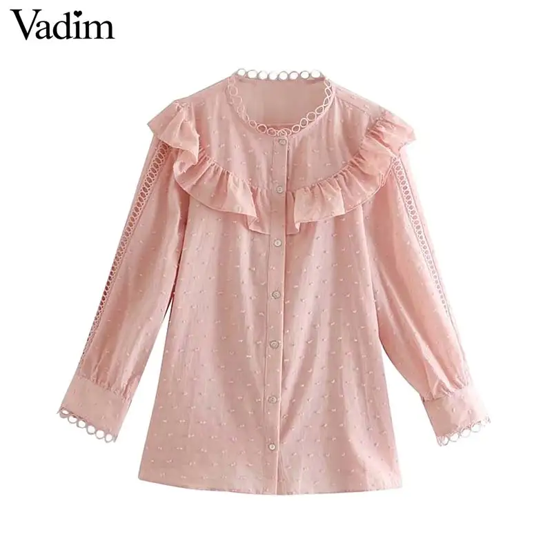 

Vadim women stylish hollow out blouse sweet ruffles O neck long sleeve shirt casual female elegant pink tops blusas LB214
