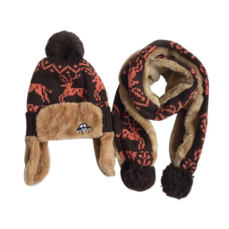 

born Infrant Autumn Winter Warm Bear Baby Hat Cap Scarf Set Cartoon Wool Hair Ball Covered Ears Soft Caps