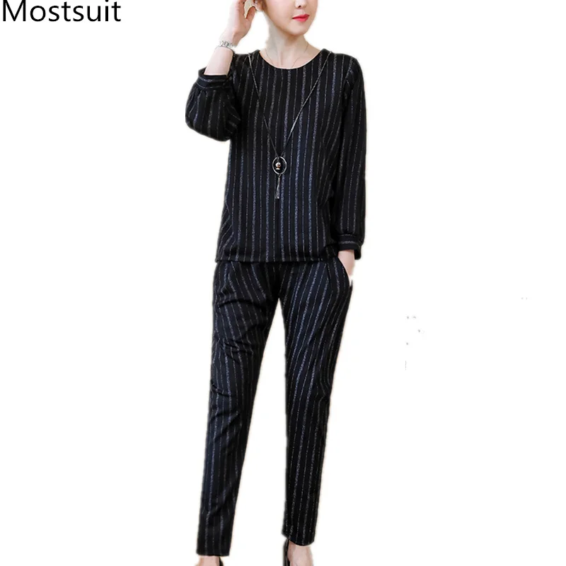 

2019 New Autumn Black Striped Two Piece Sets Outfits Women Plus Size 3/4 Sleeve Tops And Pants Office Casual Sets Suits L-5xl