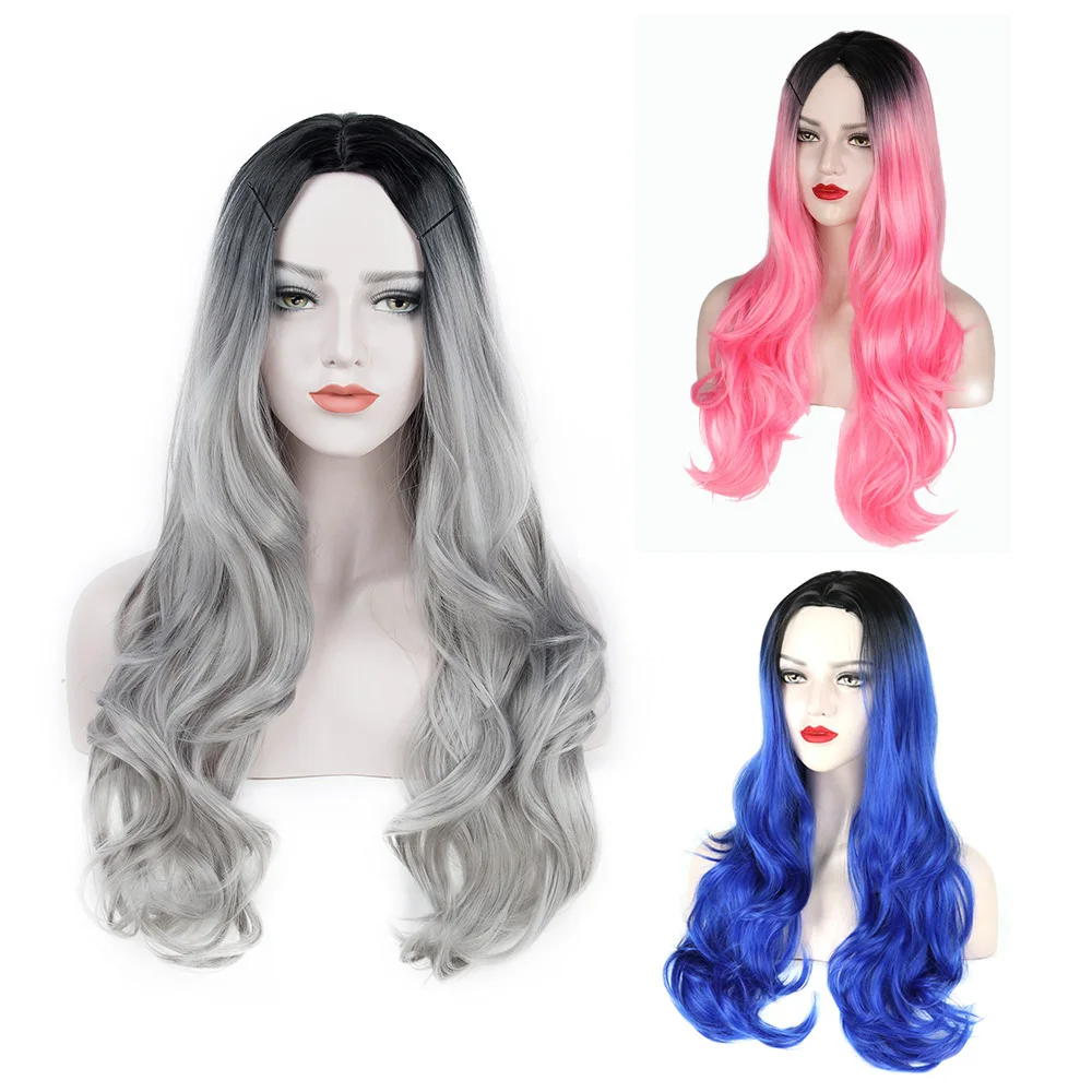 

ValenWigs Ombre Wig Two Tones Black To Silver Gray Synthetic Wigs Hair Heat Resistant Glueless Wavy Cosplay Hair Wigs For Women