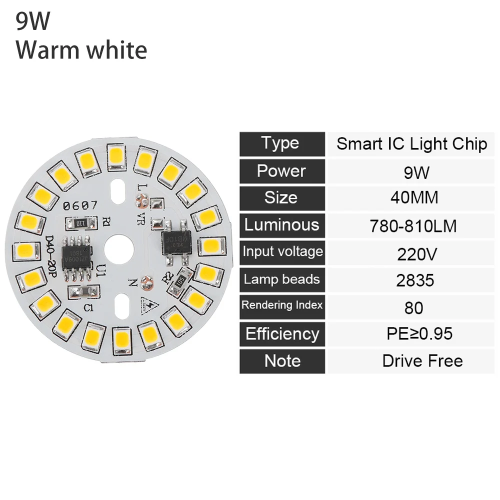 DIY светодиодный светильник AC220V, умный IC светодиодный светильник для лампы SMD 15 Вт 12 Вт 9 Вт 7 Вт 5 Вт 3 Вт, теплый белый - Испускаемый цвет: 9W