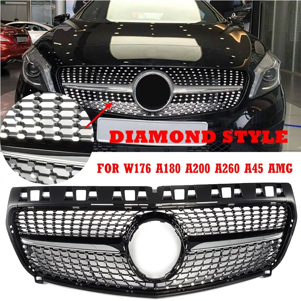 

for W176 Facelift ABS Black Diamond Style Front Bumper Grill Grille for Benz W176 A200 A260 A45 AMG 2013-2016 ( No Star Logo )
