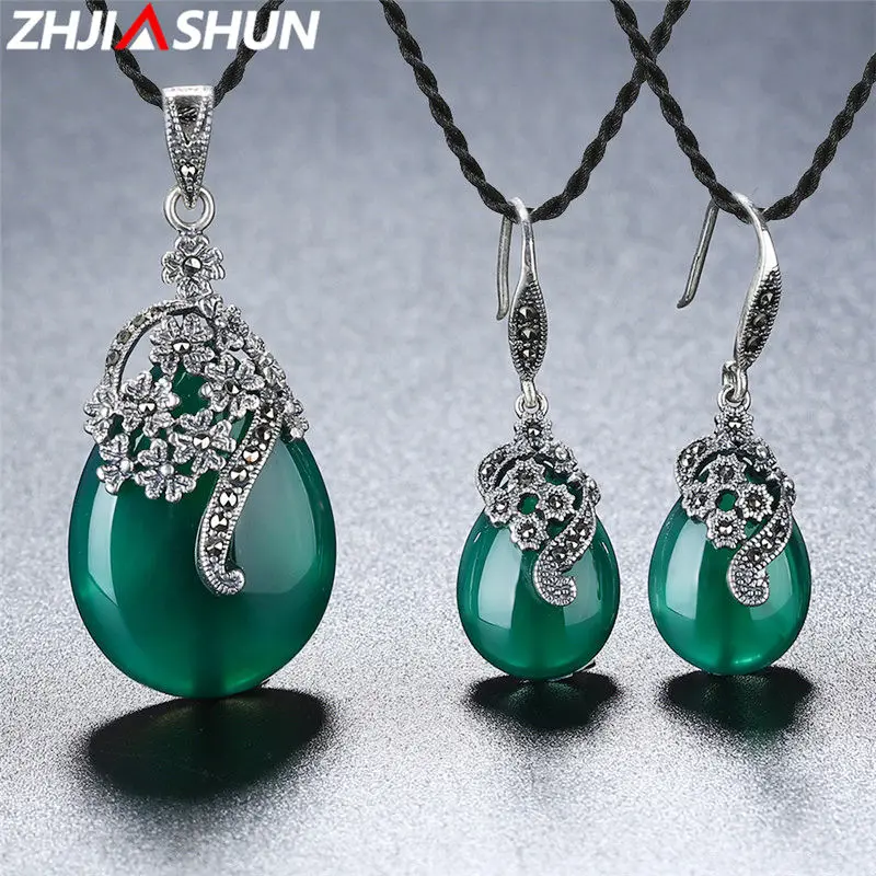 

ZHJIASHUN 925 Sterling Silver Chalcedony Earrings Necklace Jewelry Sets for Women Ladies Green Stone Pendants Birthday Gift