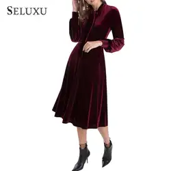 Seluxu 2019 женское бархатное платье с завышенной талией, рукавами-фонариками, миди платье с v-образным вырезом и бантом, осеннее платье