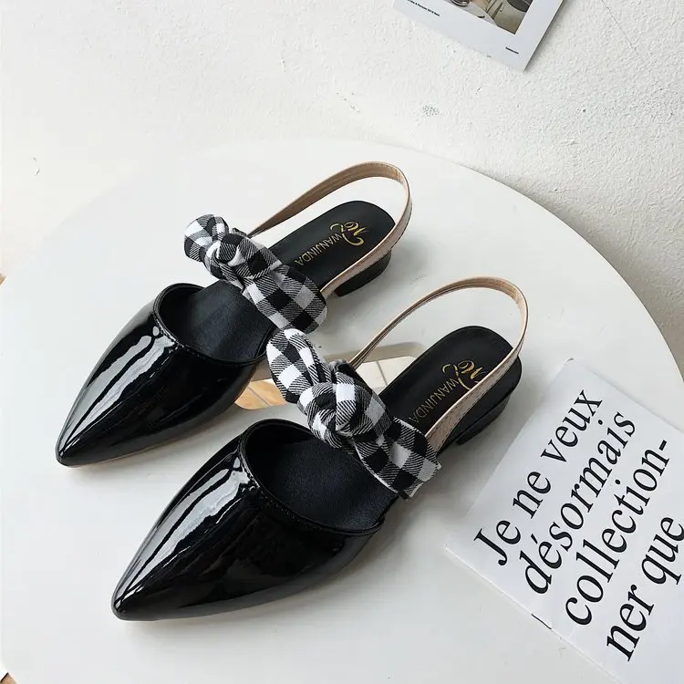 

2019 Summer Women's Shoes Casual Non-slip Outside Sandals Low-heels Gingham Butterfly-knot Square Heel Pointed-toe ShoesEUR35-39