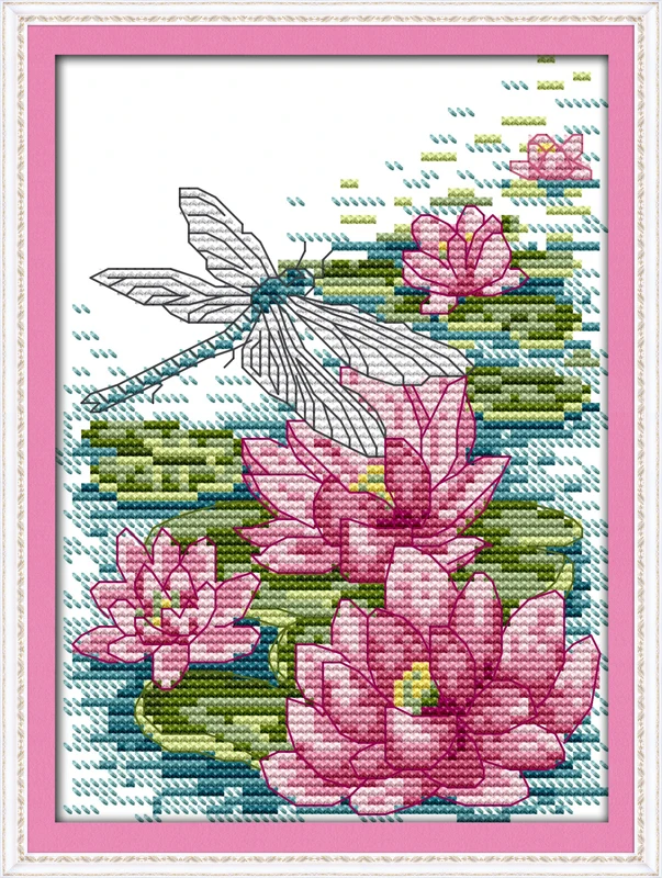 Dragonfly and lotus, counted printed on fabric DMC 14CT 11CT Cross