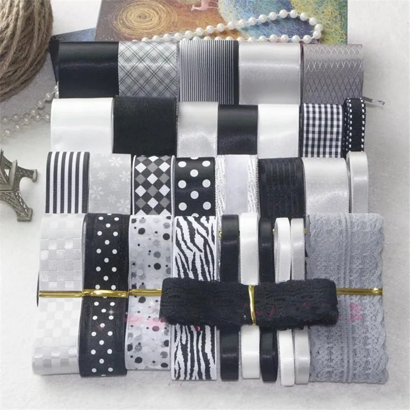 

New 37 Yards Classic Black White Series Printed Satin Grosgrain Organza Ribbon Set DIY Hairpin Bowknot Hair Accessory Material