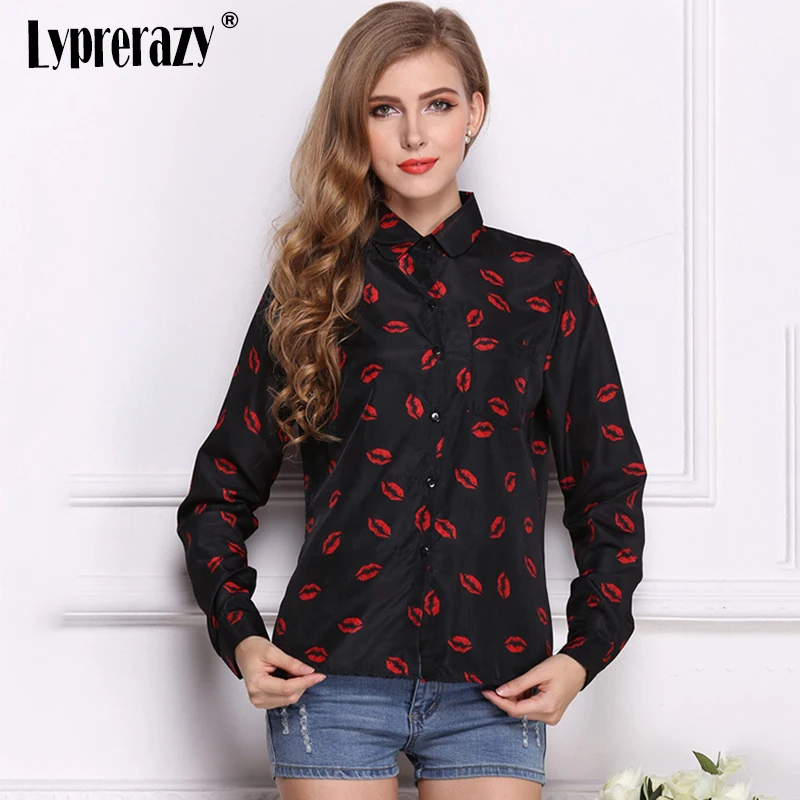 

Lyprerazy Shirts Women's Tops Long Sleeve with Pockets Tops Women Casual Chiffon Kisses Red Lip Printed Blouses