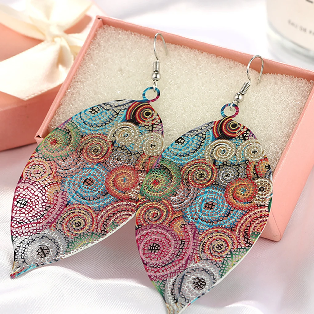

Women Girls Multicolor Hollow Printing Leaf Dangle Earrings Leaves Drop Ethnic Ear Stud Pin Jewelry Gift