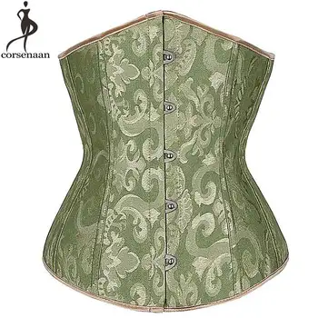 

Green Underbust Corset Floral Jacquard Korset Plus Size Bustier Fish Boned Gorset Gothic Corsets Busk Closure Women Korsett Tops