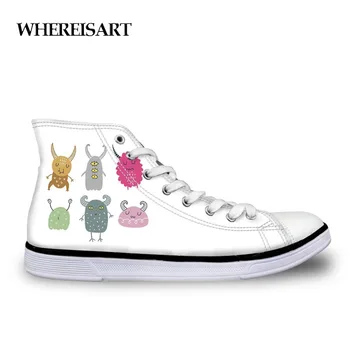 

WHEREISART Cartoon Monsters Vulcanize Shoes White Canvas Sneakers Femme Casual Shoes High Top Flat Shoes Women Zapatos Mujer