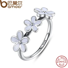 BAMOER 100% 925 Sterling Silver Darling Three Daisy Flowers Ring for Women Wedding White Enamel Original Fine Jewelry PA7148