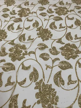 

embroidery glued glitter gold color african tulle mesh fabric with shinny glitter CiCi-62513 sequins glued for party dress