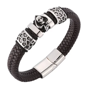 Pulsera trenzada de cuero marrón para hombre, joyería de moda, picas Punk de acero inoxidable, cierre magnético de Calavera, Charms para brazalete de hombre SP0107