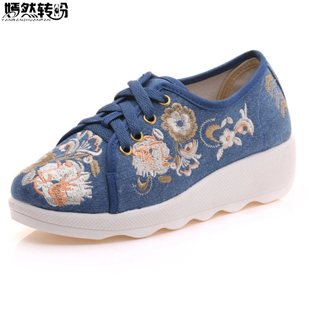 

Vintage Floral Embroidered Low Top Women's Lace up Canvas Flats Platforms Shoes Elegant Ladies Comfort Denim Jeans Shoes Woman