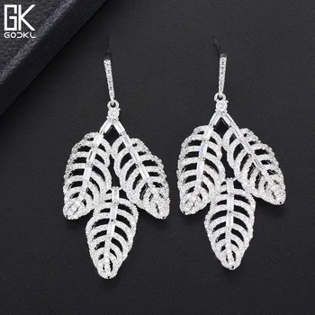 

GODKI Luxury Korean Leaf Long Dangle Earrings For Women Wedding Cubic Zircon Rose Gold Plaed African Bridal Drop Earrings
