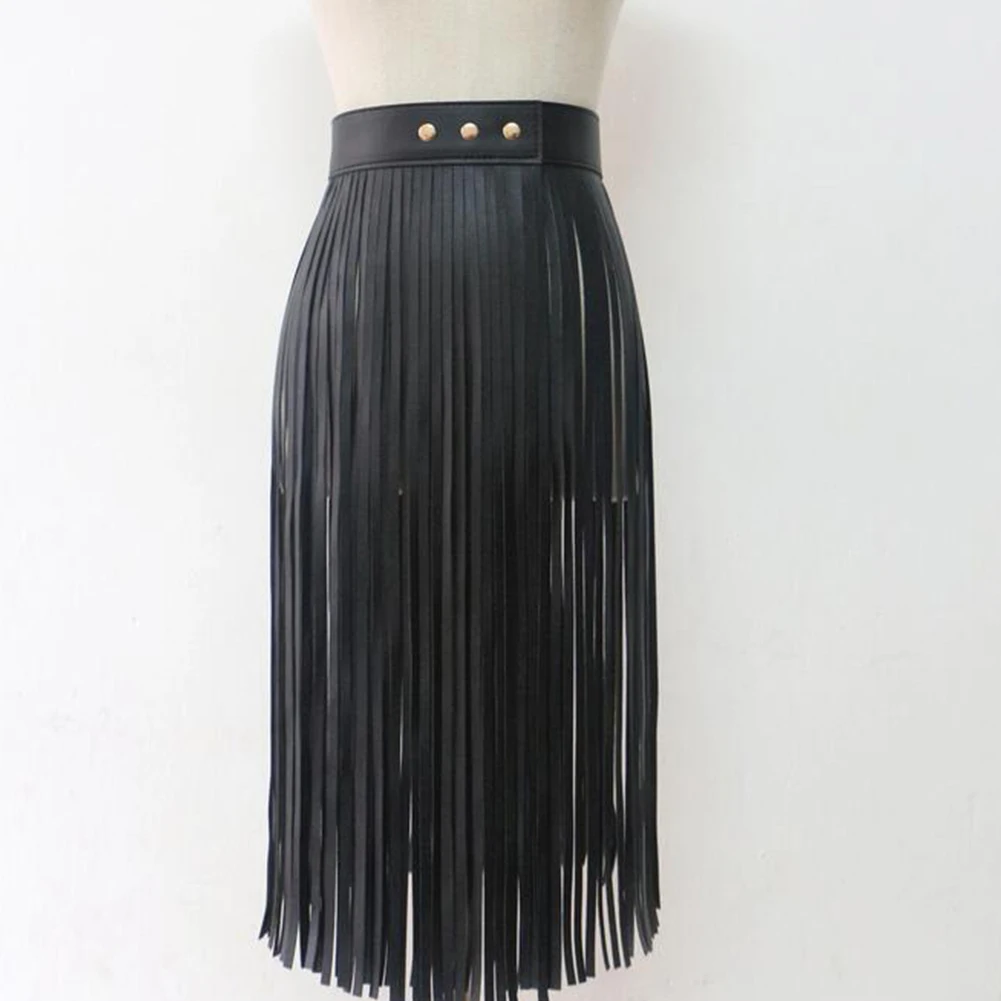 

Women Buckle Cool Fringe Skirt Long Artificial PU All Matching Sexy Tassel Adjustable Waist Belt Wide