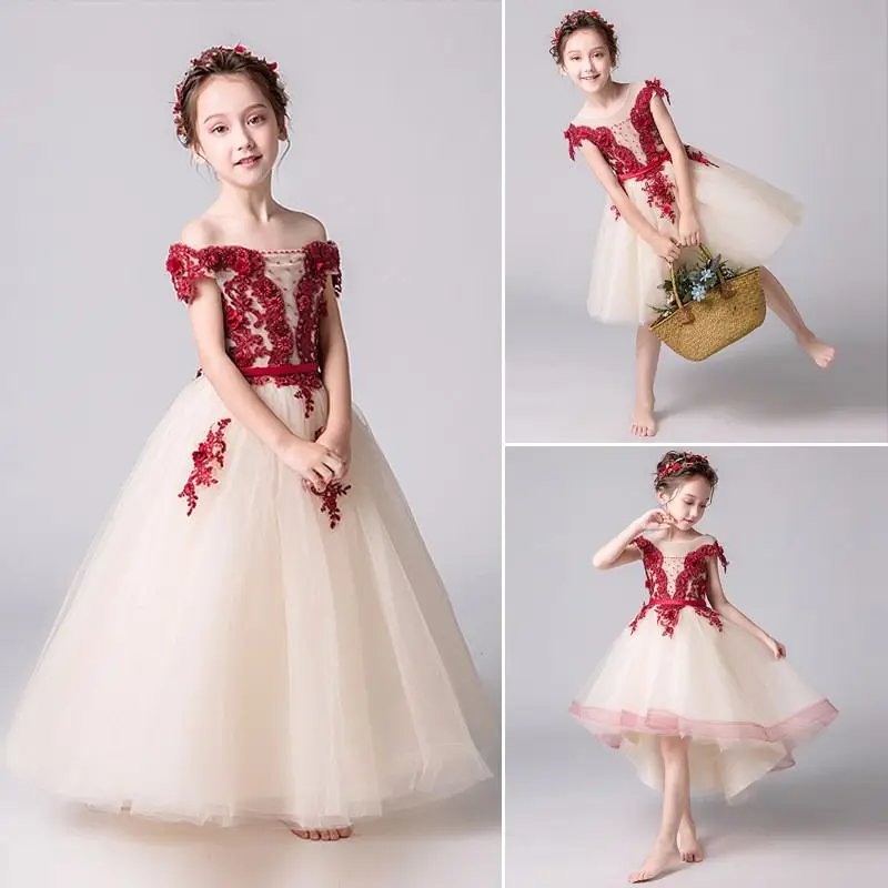 

Kids Girls Mesh Wedding Party Dress Children Pearls Appliques Ball Gown Teens Girls Embroidery Flower Prinecess Vestidos Q211