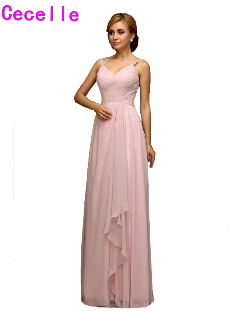 2017 Real Blushing Pink Long Beach Bridesmaids Dresses With Straps 2017 Real Blushing Pink Long Beach Bridesmaids Dresses With Straps Pleats Chiffon Floor Length Formal Wedding Party Gowns