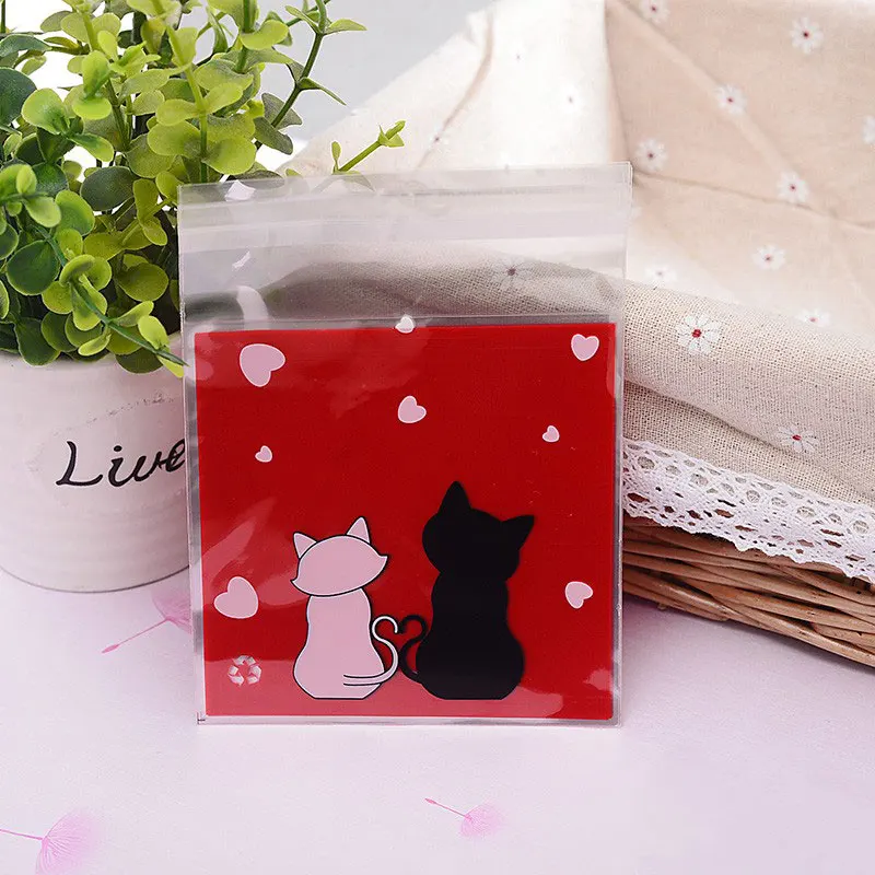 

100 pcs/lot Tow cat Cute animal adhesive bag cookies diy Gift Bags for Christmas Party Candy Food&Handmade soap Packaging bags