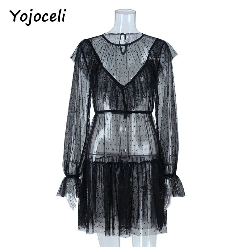 Yojoceli sexy party club black mesh lace dress women dot ruffled two pieces set dress 2018 female vestidos
