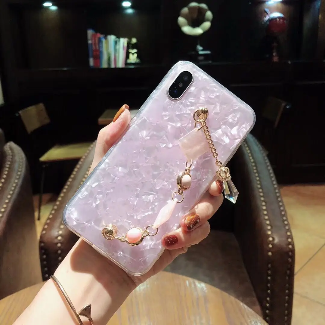 Luxury Conch Shell Case For iPhone X Bling Diamond Gem Bracelet Chain